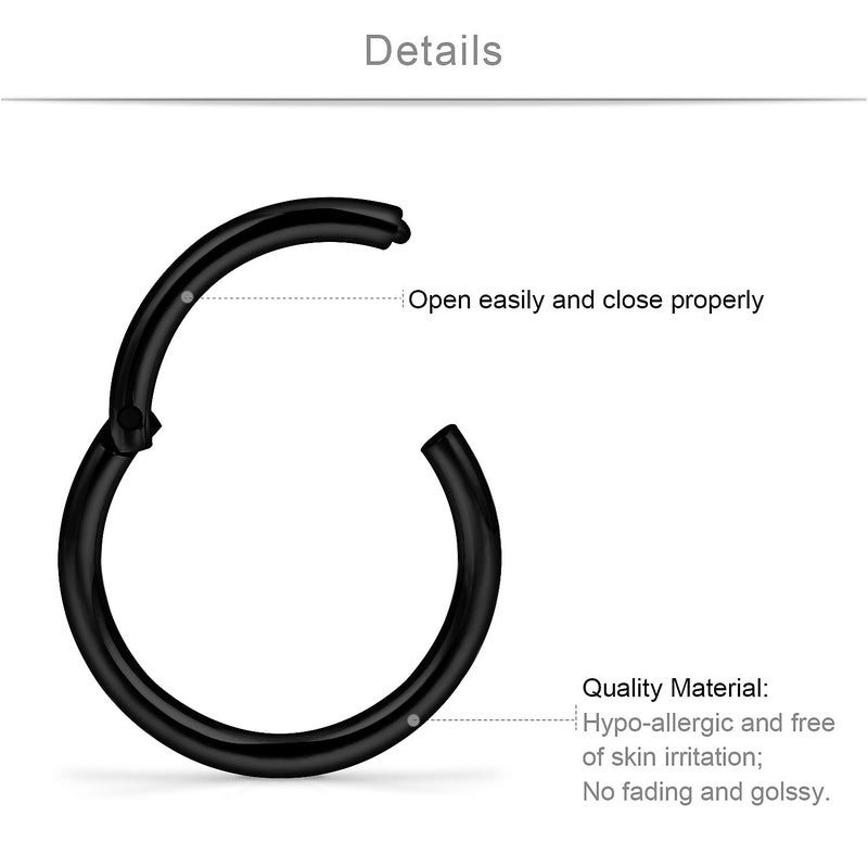 SCERRING 18G Stainless Steel Hinged Clicker Segment Septum Nose Lip Ring Hoop Cartilage Tragus Sleeper Earrings Body Piercing Jewelry 6mm 8mm 10mm 6PCS Black - Image 3
